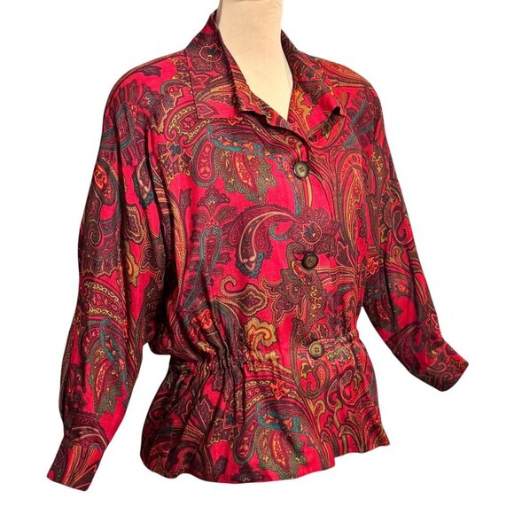 VTG 90s Linda Allard Ellen Tracy Paisley Blazer Top Sz.M Red Silk Wool Whimsigot - Picture 3 of 13